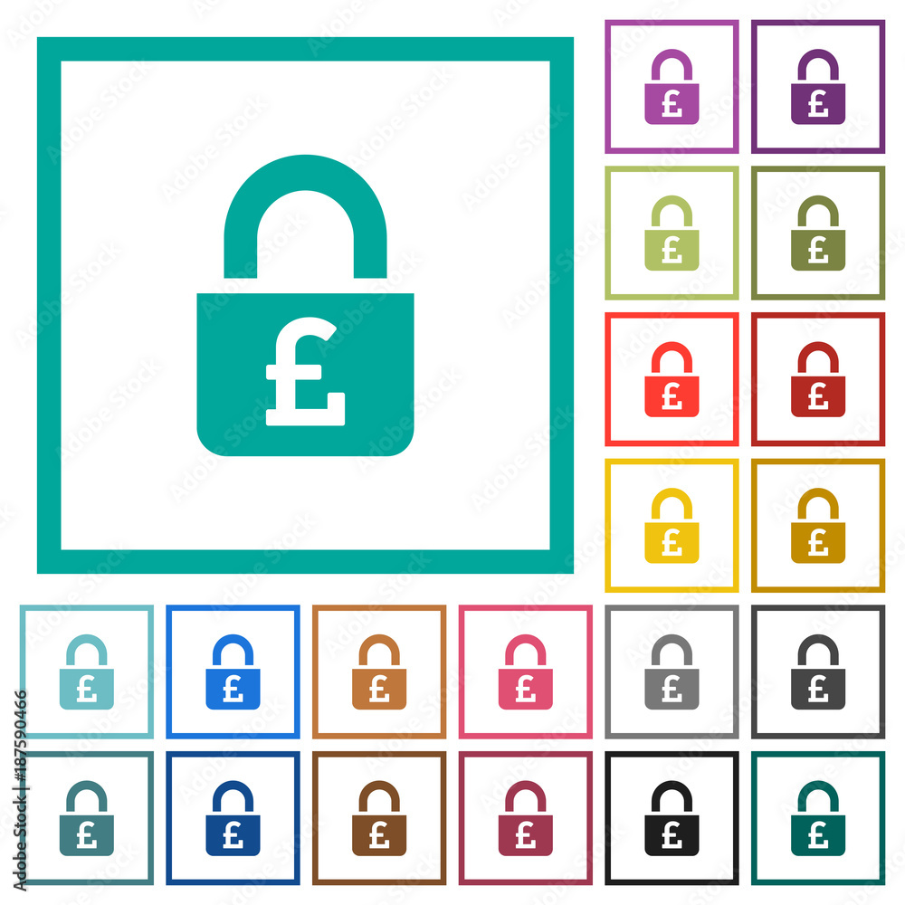 Locked Pounds flat color icons with quadrant frames Locked Pounds flat color icons with quadrant frames