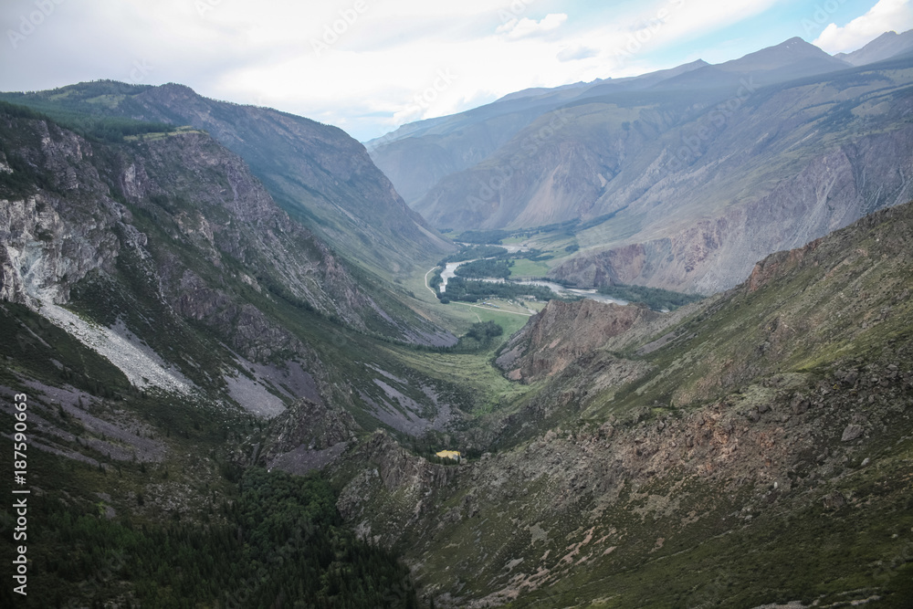 panoramic view of rocky mountains and sky, Altai, Russia