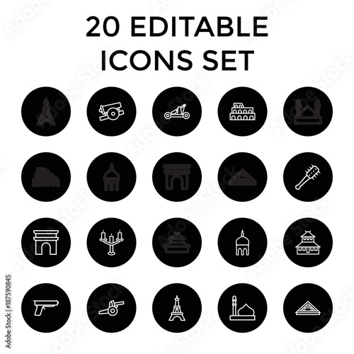 Historic icons. set of 20 editable outline historic icons