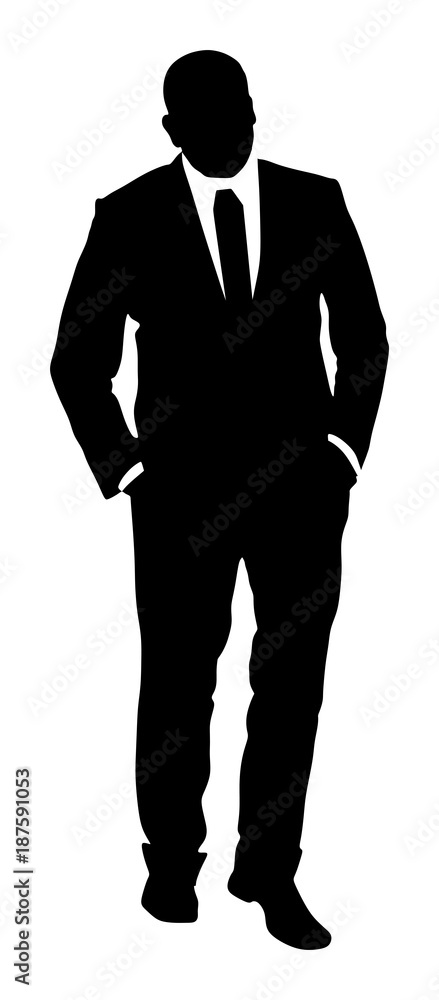 Confident leader standing. Businessman go to work vector silhouette illustration. Handsome man in suite with hands in pockets. Standing casual pose. Relaxed man. Confident leader standing. Businessman go to work vector silhouette illustration. Handsome man in suite with hands in pockets. Standing casual pose. Relaxed man.