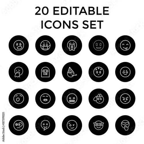 Smiley icons. set of 20 editable outline smiley icons
