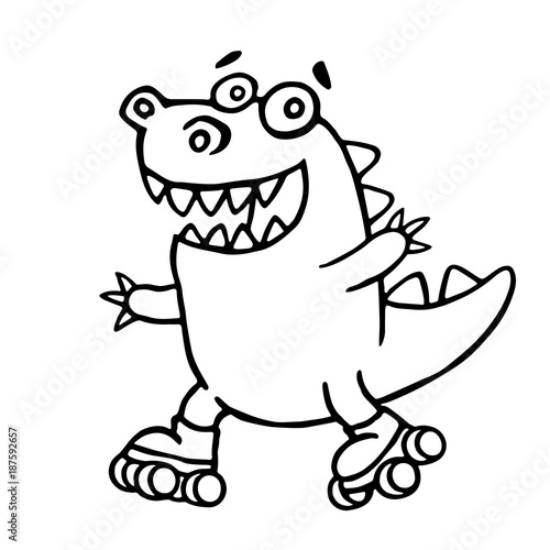 dino racing on rollerblades in the park. vector illustration