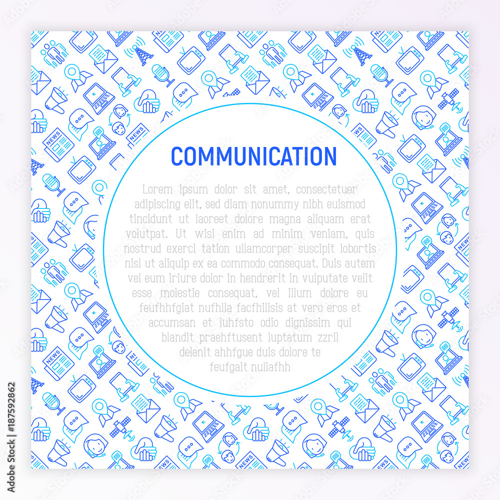 Communication concept with thin line icons: e-mail, newspaper, letter, chat, tv, support, video call, microphone. Modern vector illustration for banner, print media, web page. Communication concept with thin line icons: e-mail, newspaper, letter, chat, tv, support, video call, microphone. Modern vector illustration for banner, print media, web page.