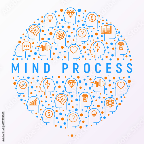 Fototapeta Mind process concept in circle with thin line icons set: intelligence,  passion, conflict, innovation, time management, exploration, education, logical thinking