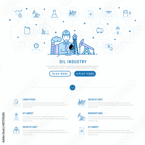 Oil industry concept with thin line icons: oilman with drop of oil, oil producing plant truck, tanker, ship, refinery, barrel. Modern vector illustration, web page template.