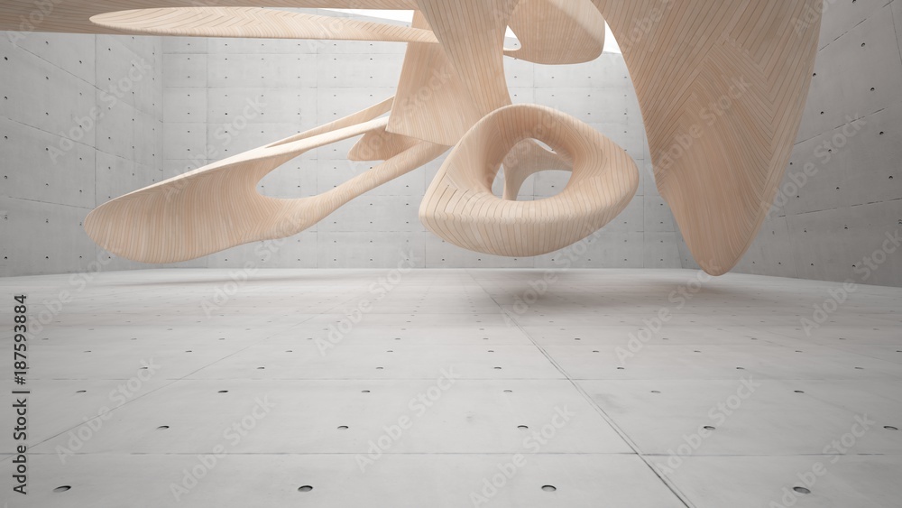 Empty dark abstract concrete and wood smooth interior. Architectural background. 3D illustration and rendering