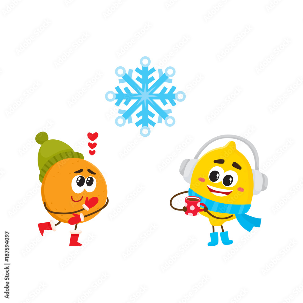 Vector flat winter fruit symbol icon set. Lemon in warm scarf, boots, headphone holding cup of hot beverage, tea coffee, lovely orange in hat, festive snowflake. Isolated illustration white background Vector flat winter fruit symbol icon set. Lemon in warm scarf, boots, headphone holding cup of hot beverage, tea coffee, lovely orange in hat, festive snowflake. Isolated illustration white background