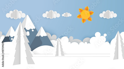 Paper Cut Out Art Scene Vector Illsutartion. Landscape Background.