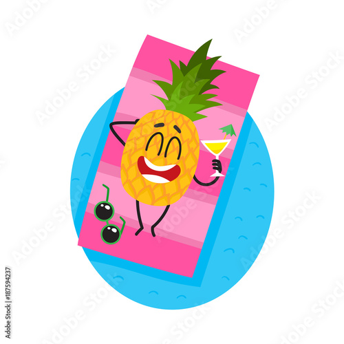 Funny pineapple character lying on the beach with a cocktail, cartoon vector illustration isolated on white background. Cartoon pineapple character enjoying summer vacation on the beach