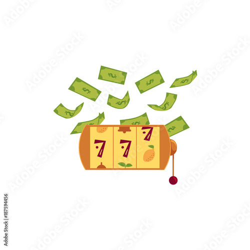 vector flat gambling lucky triple seven Jackpot, golden slot mashine with dollar rain around. Isolated illustration on a white background. Sign of profit easy money. bingo casino design poster
