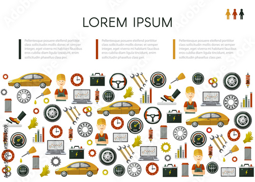 vector flat poster with car service symbols pattern. Man professional mechanis, car parts repairing process, tools, equipment and laptop with growing performance graph illustration