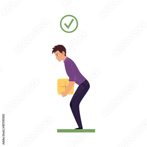 Correct back spine alignment of young cartoon man character lifting weight. Healthy spine curvature, Spine care concept. Vector isolated illustration on a white background.