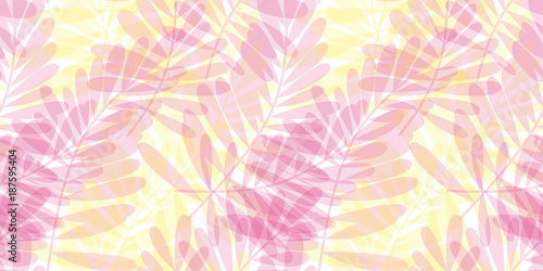 Pink and yellow tropical seamless pattern vector illustration for card, invitation, poster, header. Summer exotic forest leaves motif for surface design, fabric, wrapping paper.