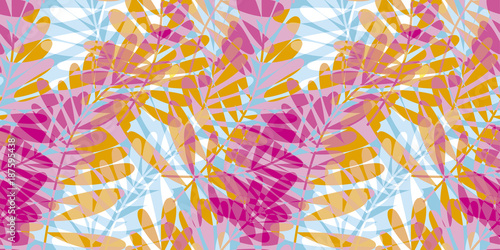 Colorful pink and blue tropical seamless pattern vector illustration for card, invitation, poster, header. Summer exotic forest leaves motif for surface design, fabric, wrapping paper.