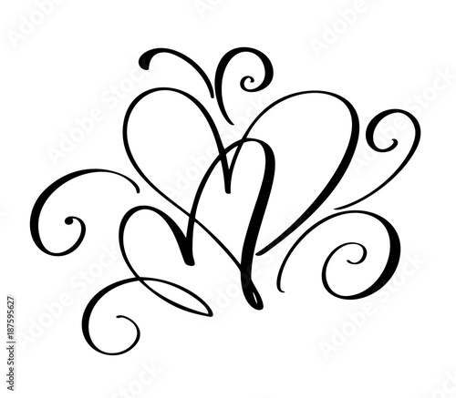 Vector Valentines day of flourish calligraphy vintage hearts. Hand drawn sketchy calligraphy valentine love and wedding invitation card