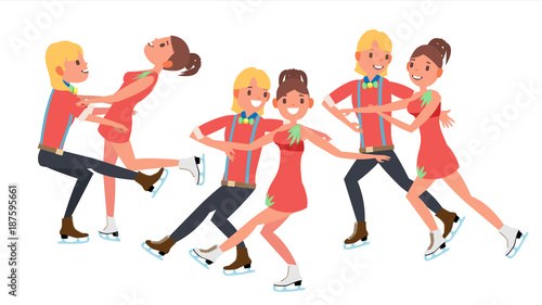 Couple With Ice Skaters Vector. Training Ice Show. Boy And Girl In Pair. Cartoon Character Illustration