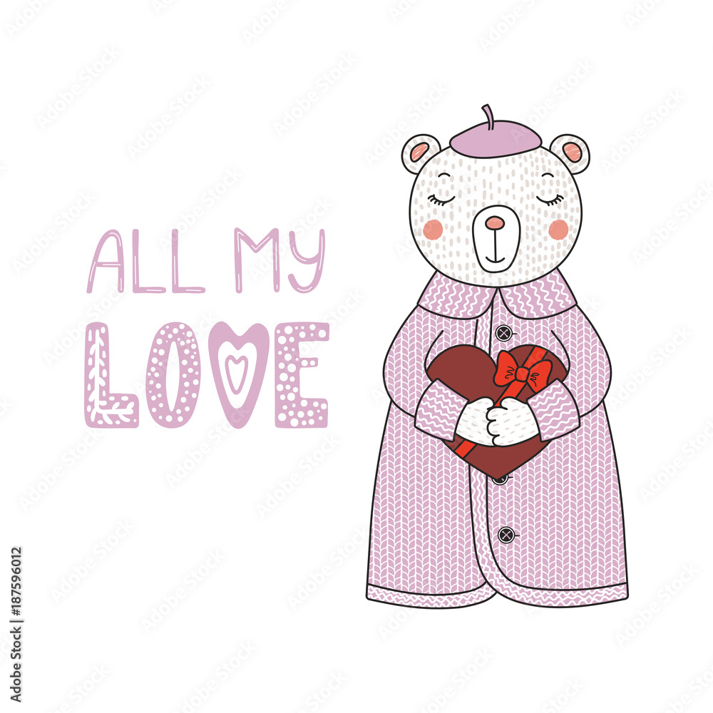 Hand drawn vector illustration of a cute funny cartoon bear in cardigan, holding a chocolate heart, with typography. Isolated objects on white background. Design concept for children, Valentines day. Hand drawn vector illustration of a cute funny cartoon bear in cardigan, holding a chocolate heart, with typography. Isolated objects on white background. Design concept for children, Valentines day.
