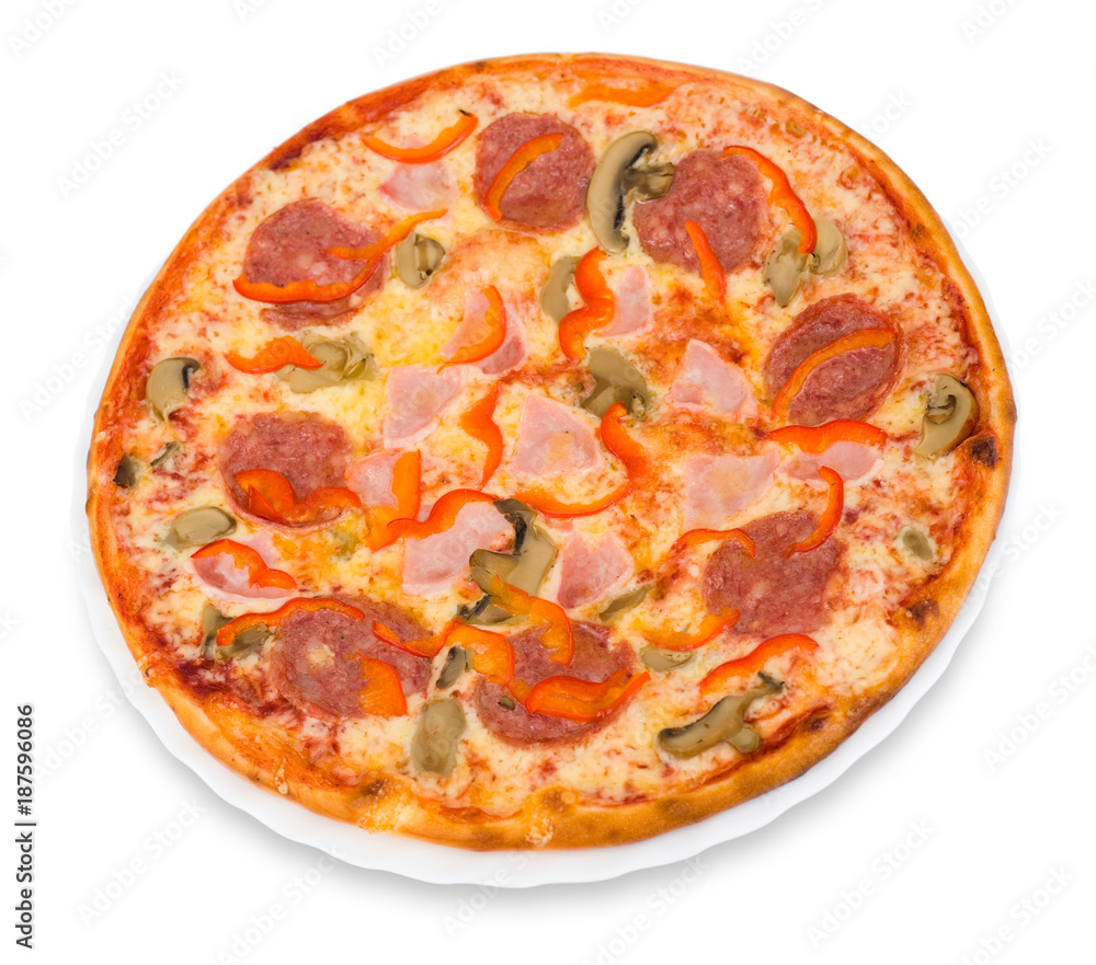 pizza with bacon, peperoni and mushrooms pizza with bacon, peperoni and mushrooms
