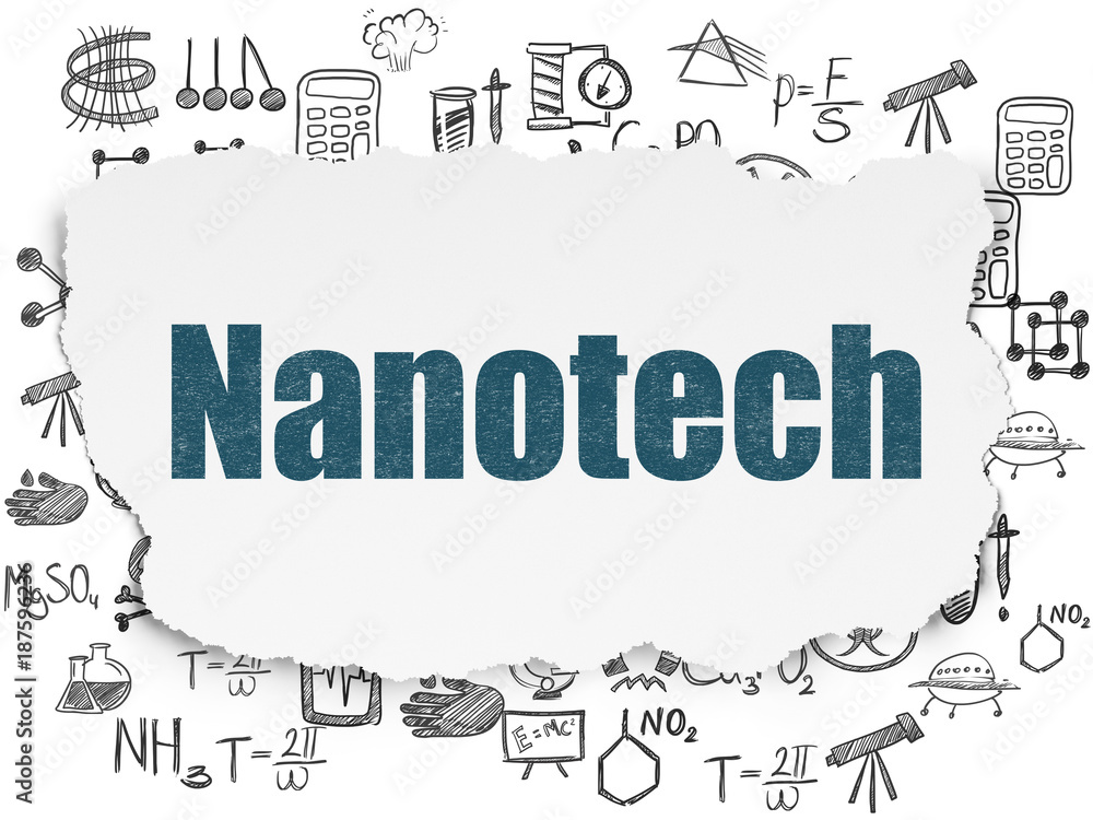 Science concept: Painted blue text Nanotech on Torn Paper background with Hand Drawn Science Icons Science concept: Painted blue text Nanotech on Torn Paper background with Hand Drawn Science Icons