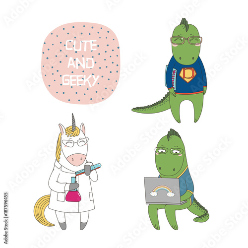 Hand drawn vector illustration of a cute funny cartoon unicorn in a lab coat, with chemical reagents, dragons, with a laptop, comic book, text. Isolated objects. Design concept children, geek culture