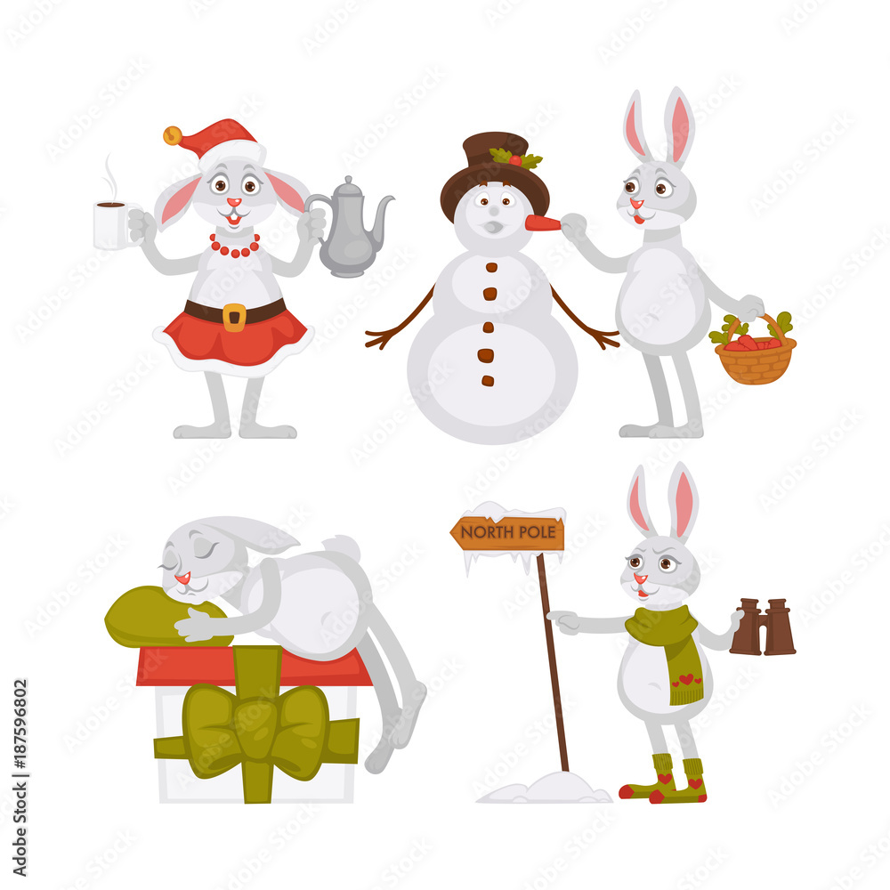 Fototapeta premium Adorable Christmas rabbits and funny snowman in tall hat