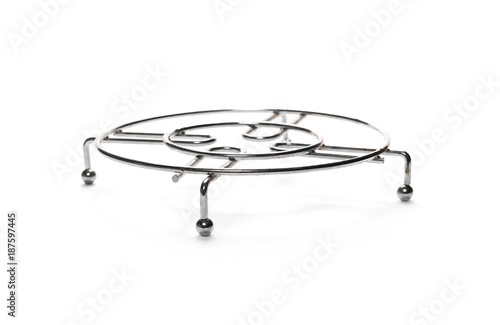 Stainless chrome, steel metal pot holder on white background