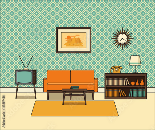 Retro room interior. Living room in line art. Linear vector illustration. House equipment. Home space with vintage sofa, TV set and telephone in flat design. Cartoon furniture.