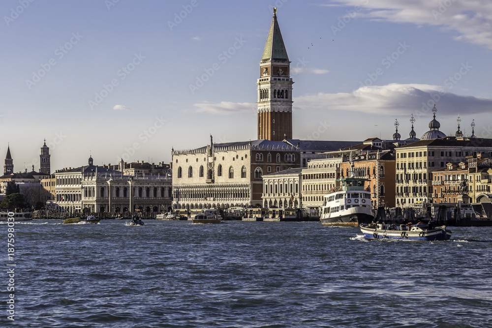 View of Venice, St. Mark's Square and church tower and the lagoon, Italy