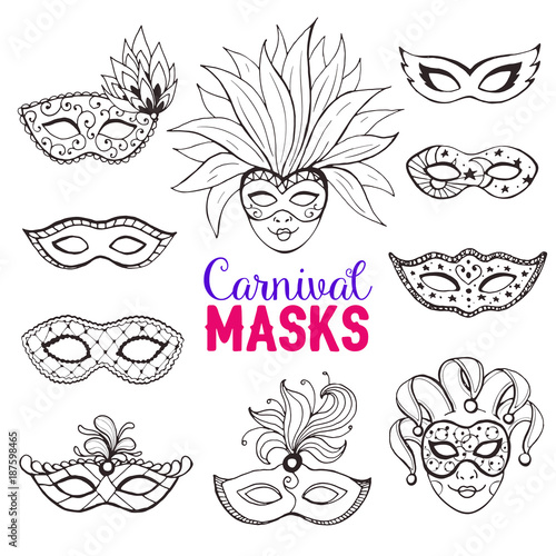 Hand drawn carnival masks collection in line art style. Masqeurade mask sketches for decorating festive invitations, banners, greeting cards.