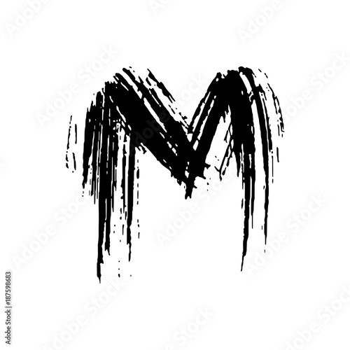 Letter M. Handwritten by dry brush. Rough strokes font. Vector illustration. Grunge style elegant alphabet.
