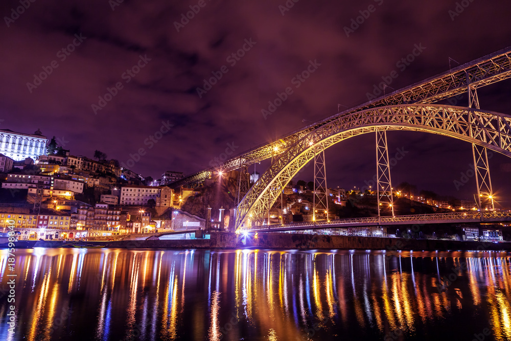 Dom Luis Bridge illuminated at night. Porto, Portugal western Europe