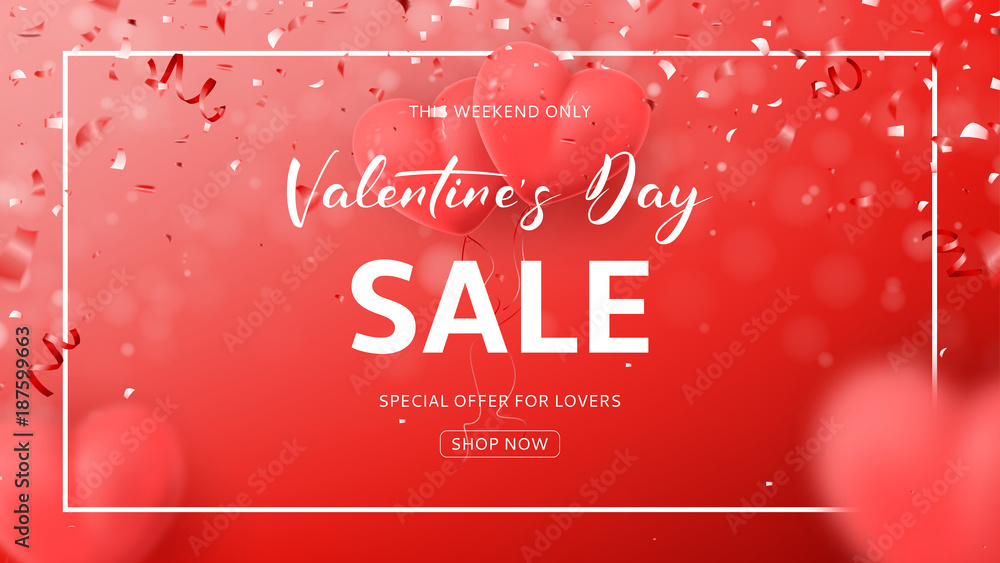 Naklejka premium Red Promo Web Banner for Valentine's Day Sale. Beautiful Background with Realistic Air Balloons in the Form of Heart. Vector Illustration with Confetti and Serpentine.