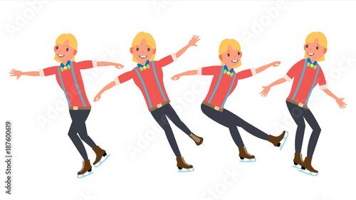 Man Athlete Figure Skating. Ice Figure Skater Vector. Athletes Winter Sport. In Action. Synchron Dancer. Different Poses. Isolated Flat Cartoon Character Illustration