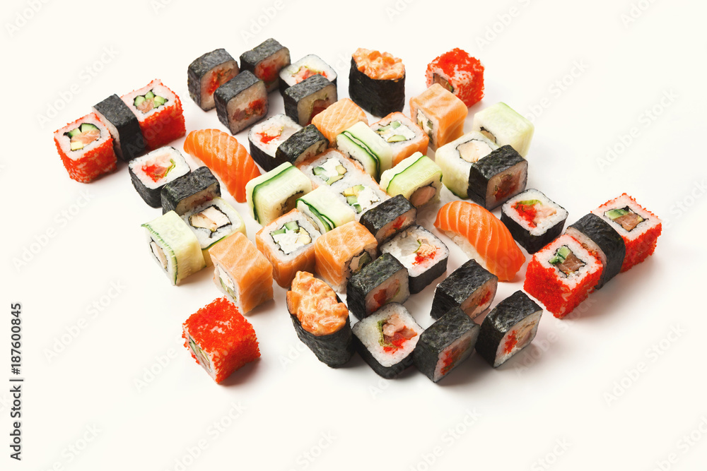 Set of sushi, maki and rolls isolated on white background Set of sushi, maki and rolls isolated on white background