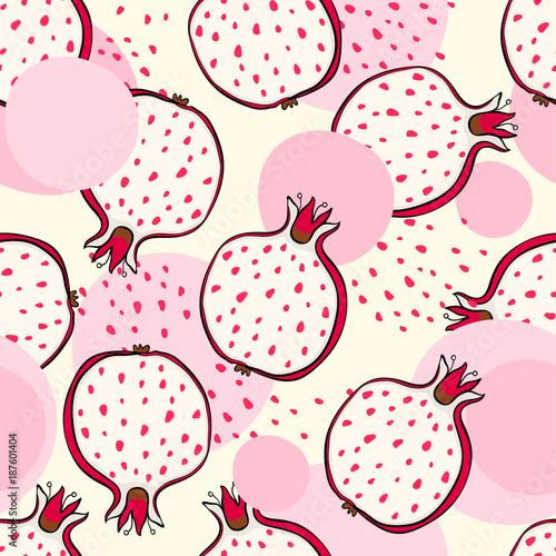 Abstract bright colorful pomegranate seamless pattern. Hand drawn brush grunge garnet fruit background.