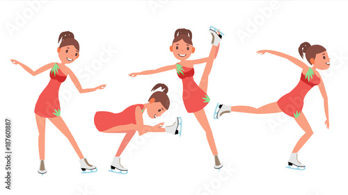 Woman Figure Skater Vector. Winter Sports. Skater Female. Different Poses. Flat Cartoon Illustration
