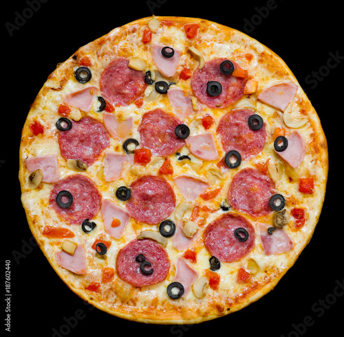 pizza with peperoni, mushrooms and ham, isolated photo