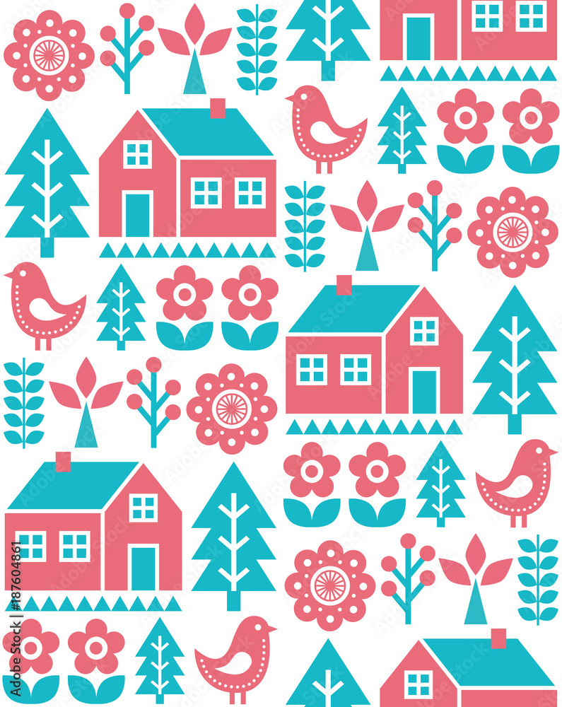 Finnish inspired folk art seamless pattern - Scandinavian, Nordic vector design in turquoise and red Finnish inspired folk art seamless pattern - Scandinavian, Nordic vector design in turquoise and red