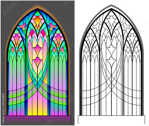 Colorful and black and white pattern of Gothic stained glass window. Worksheet for children and adults. Vector image.