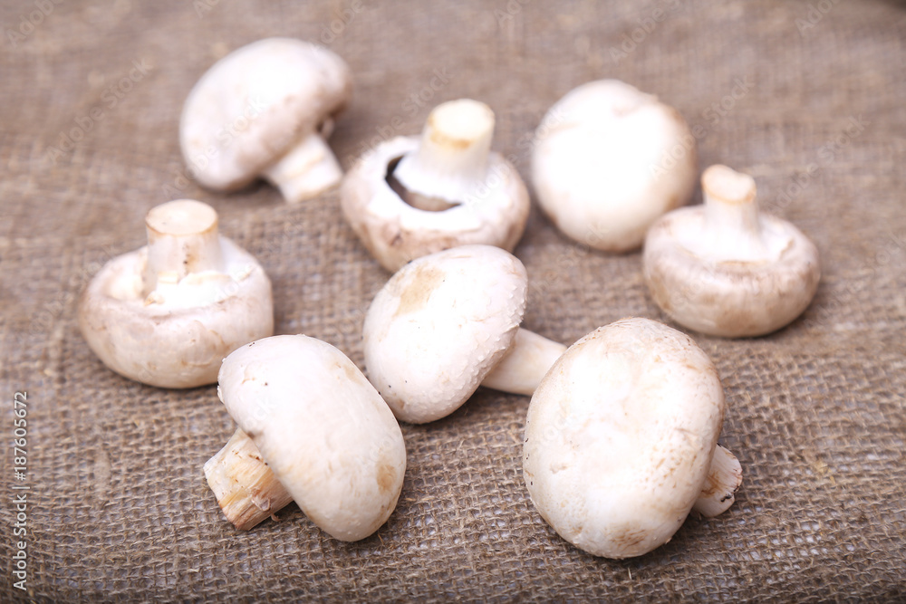 Champignon mushrooms on a linen background