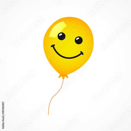 Smiling of yellow balloon on white background. Vector emoticon emoji flat smile in the yellow helium balloon