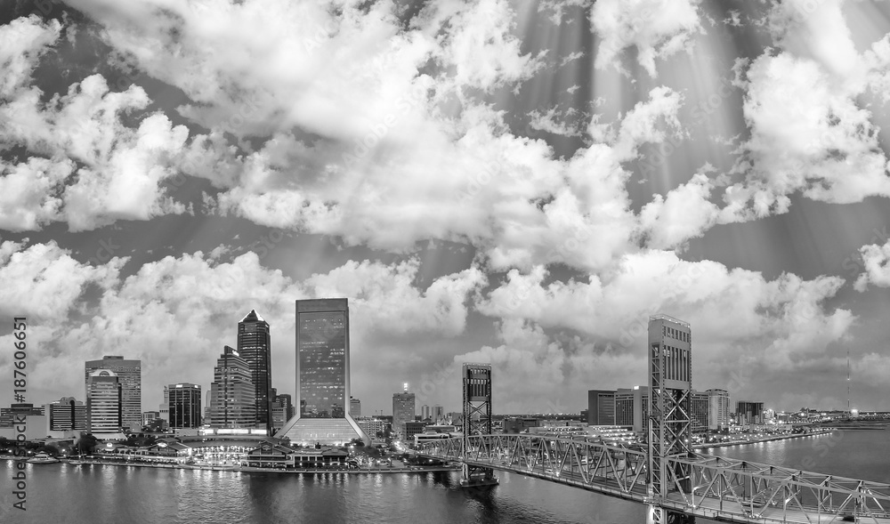 Amazing panoramic black and white aerial view of Jacksonville at dusk, Florida