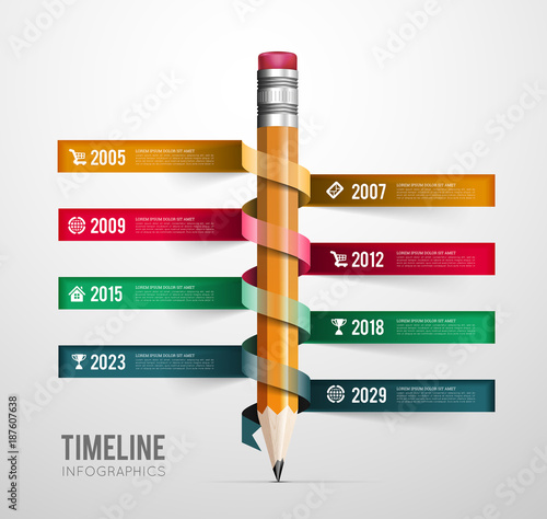 Timeline vector infographic with pencil ribbon