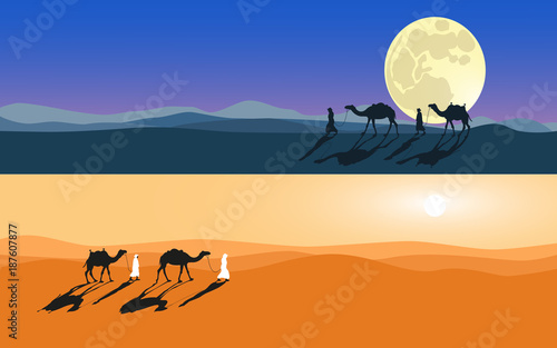 Men and camels do across desert. Moonlight and sunlight set. Cartoon hand made vector eps10 illustration.
