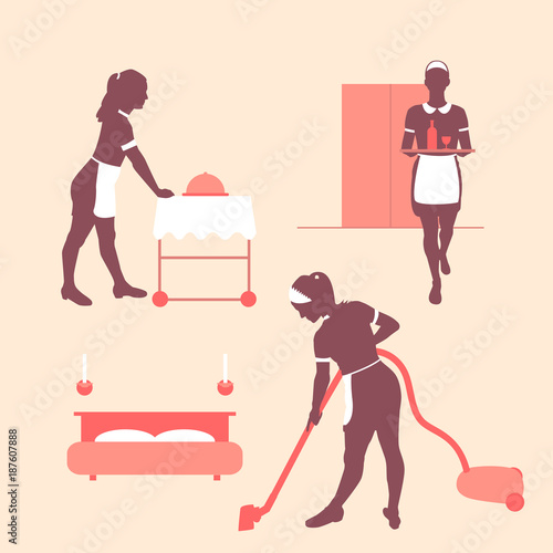 Hotel business. Room service. Cleaning, breakfast in room. Vector illustration. Pink background. 
