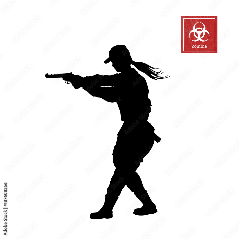 Black silhouette of police woman with gun on white background. Girl  security. Zombie shooter. Character for computer game or thriller Stock  Vector | Adobe Stock