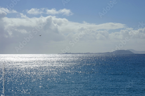 View on the ocean and the Canary islands Fuerteventura and Lobos.