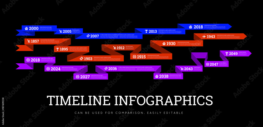 Timeline infographic illustration with ribbon. Can be used to compare activities or biographies Timeline infographic illustration with ribbon. Can be used to compare activities or biographies