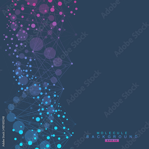 Structure molecule and communication. Dna, atom, neurons. Scientific concept for your design. Connected lines with dots. Medical, technology, chemistry, science background. Vector illustration.