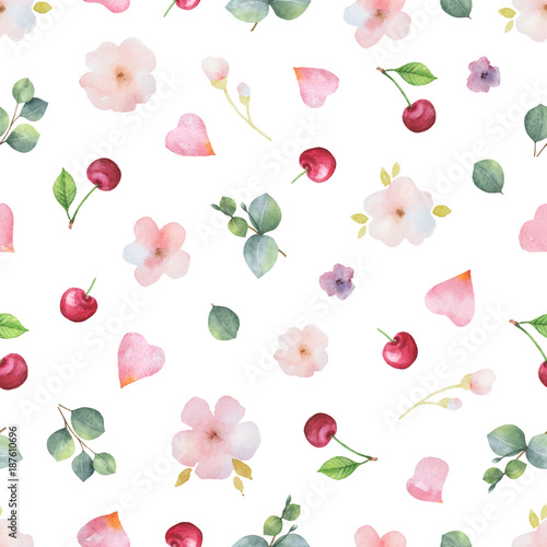 Watercolor vector hand painted seamless pattern from green leaves, flowers roses and hearts.